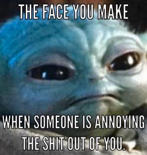 This meme is an image of a character from the Star Wars franchise, Yoda, with a scowl on his face. The text above his head reads "When you're trying to work but your coworkers are being super annoying" and the text below his head reads "The face you make when someone is being really annoying". The image is a humorous way to express frustration or annoyance at someone or something.
